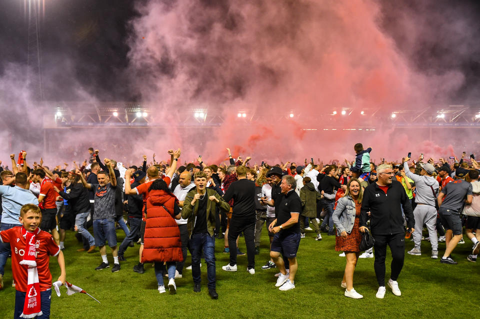 Forest supporters celebrate during the Sky Bet Championship Play-Off Semi-Final match between Nottingham Forest and Sheffield United at the City Ground, Nottingham on Tuesday 17th May 2022.  (Photo by Jon Hobley/MI News/NurPhoto via Getty Images)