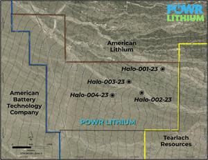 Map of the POWR Lithium land package showing drill holes and neighboring land positions