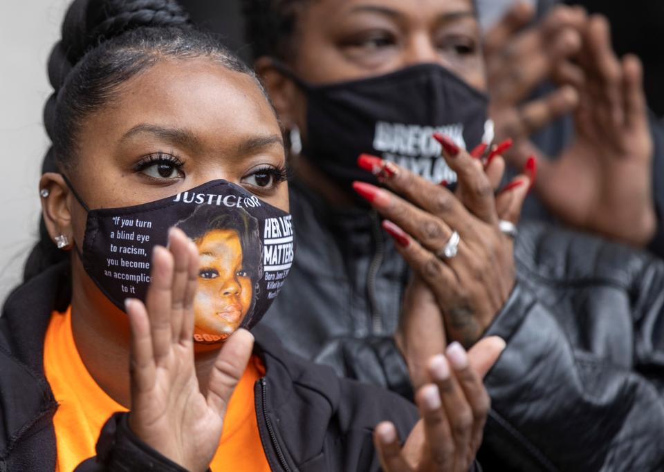 Bianca Austin looks on during a press conference held by Until Freedom ahead of a weekend of protest on the one year anniversary of Breonna Taylor being shot by LMPD officers. March 11, 2021