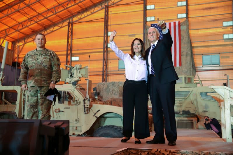 U.S. Vice President Mike Pence and his wife Karen Pence greet U.S. troops at Al Asad Air Base
