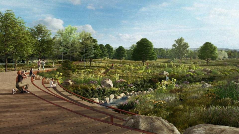 This rendering shows a potential future area called The Lowlands that would focus on biodiversity and building habitat for local wildlife.