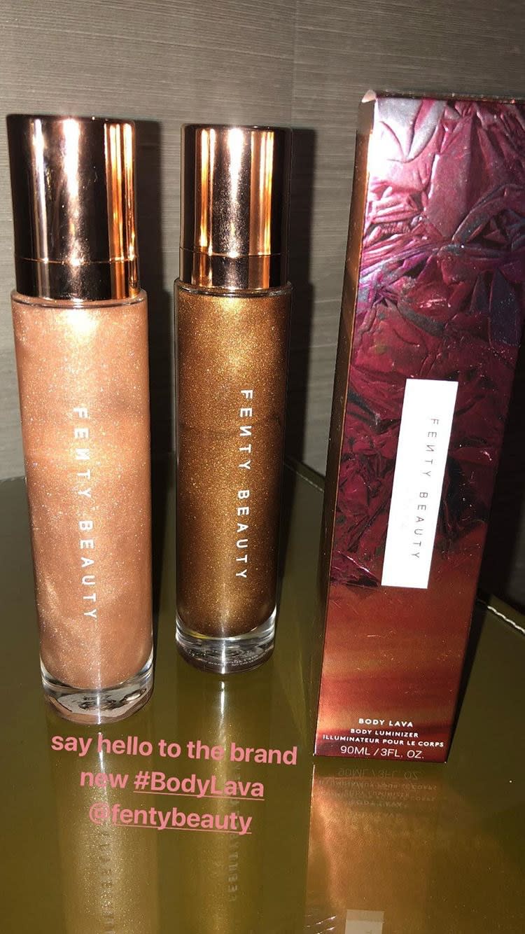 Rihanna gave a sneak peek at the upcoming shades of the Fenty Beauty Body Lava, which a sparkly highlighter for your whole body that comes in peachy pink and bronze shades.