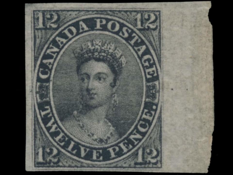 A 12-Penny Black stamp featuring Queen Victoria. Issued in 1851, one of these stamps was auctioned in Ottawa and sold on Jan. 21, 2023, for $292,500 plus tax. (Submitted by Peter MacDonald - image credit)