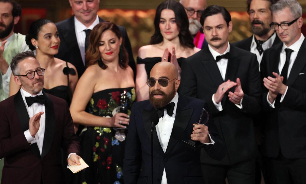 <span>Playwright David Adjmi (centre) and the cast and crew of Stereophonic accept the award for best play at the 2024 Tonys. Stereophonic was the most nominated play in the awards’ history with 13 nods.</span><span>Photograph: Brendan McDermid/Reuters</span>