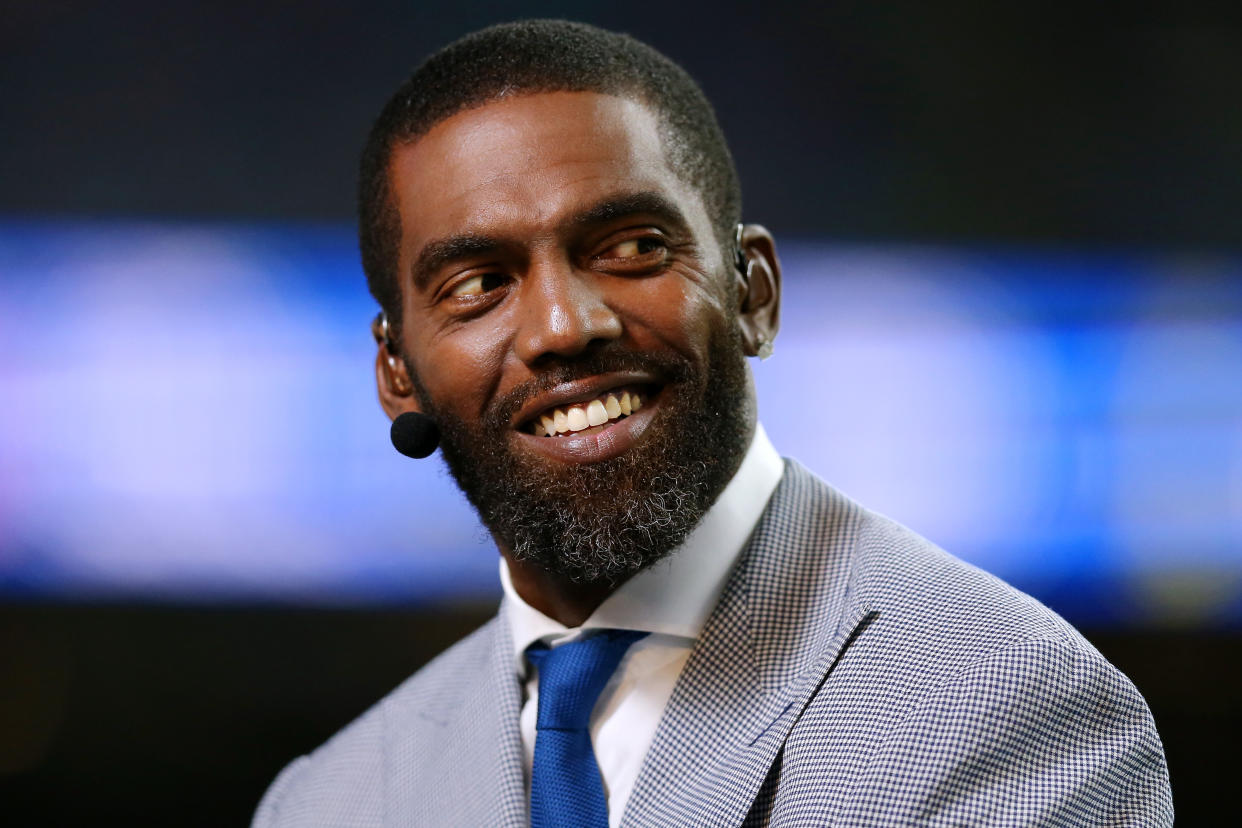 NEW ORLEANS, LOUISIANA - SEPTEMBER 09: ESPN analyst Randy Moss reacts during a game between the New Orleans Saints and the Houston Texans at the Mercedes Benz Superdome on September 09, 2019 in New Orleans, Louisiana. (Photo by Jonathan Bachman/Getty Images)