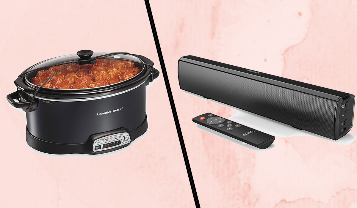 A slow cooker and a soundbar divided by a line.