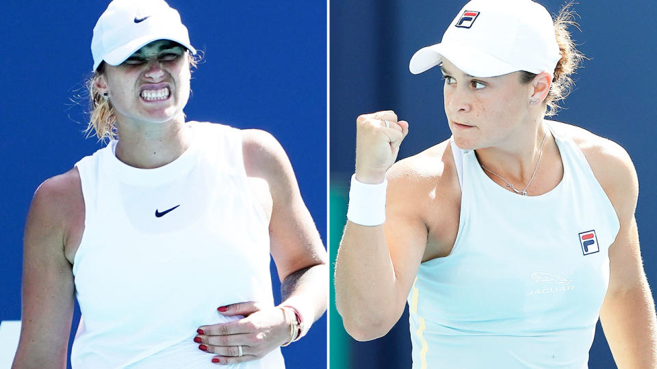 Ash Barty, pictured here after beating Aryna Sabalenka to reach the Miami Open semi-finals.