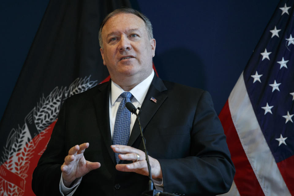 Secretary of State Mike Pompeo speaks during a news conference at U.S. Embassy Kabul, Tuesday, June 25, 2019, during an unannounced visit to Kabul, Afghanistan. (AP Photo/Jacquelyn Martin, Pool)