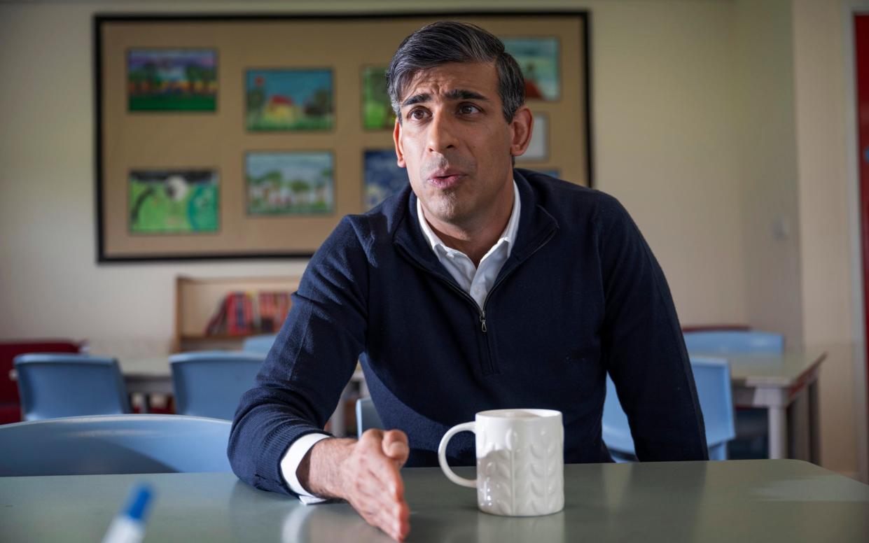 Rishi Sunak talks to the Sunday Telegraph during a break from campaigning in Stockton on Tees .