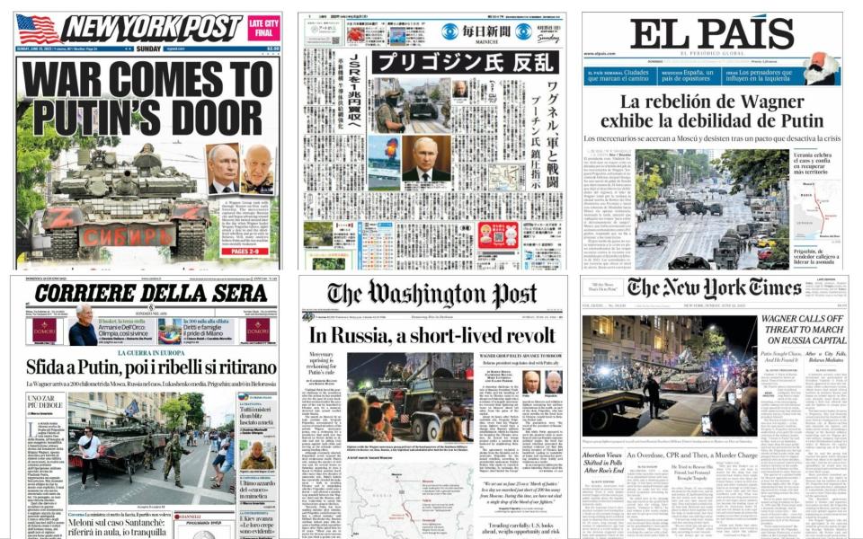 The world's front pages on 25 June following an armed mutiny by the Wagner Group (including New York Post, Mainichi Shimbun, El Pais, Corriere Della Sera, The Washington Post, The New York Times)