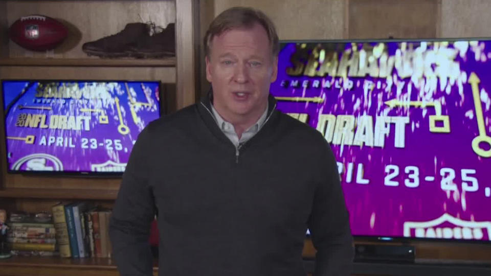 In this still image from video provided by the NFL, commissioner Roger Goodell speaks during day two of the draft. (NFL via AP)