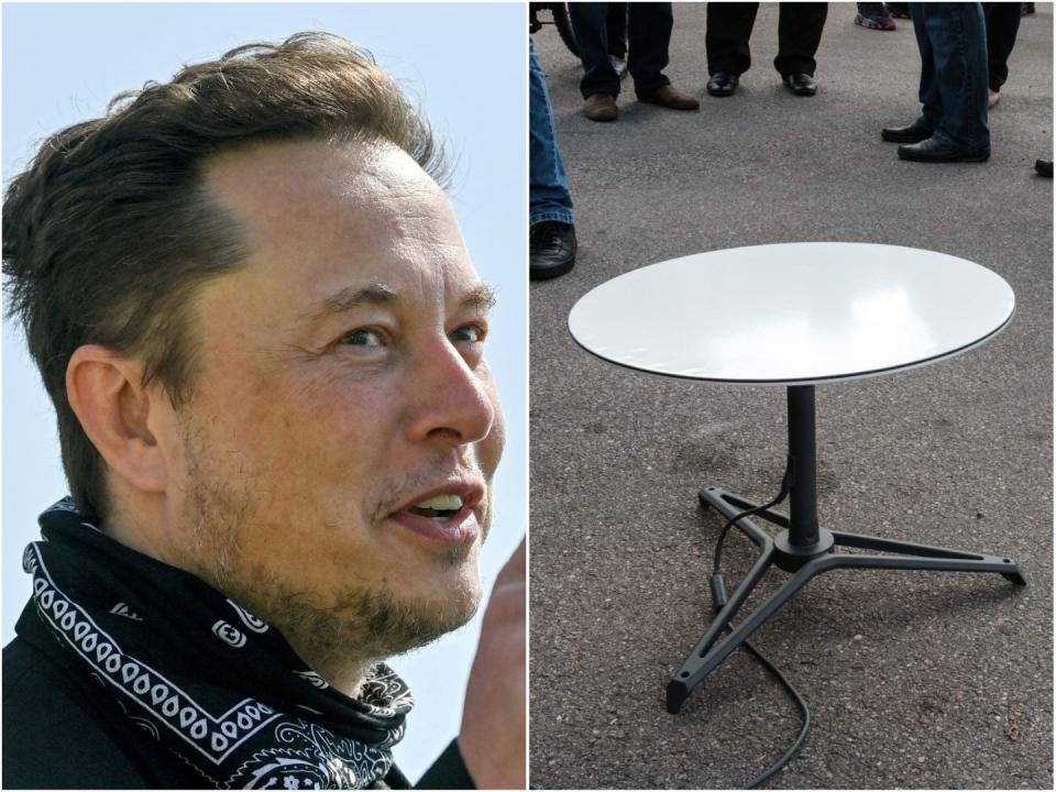 A headshot of SpaceX CEO Elon Musk next to a picture of a people standing around a Starlink dish that is placed on the ground.