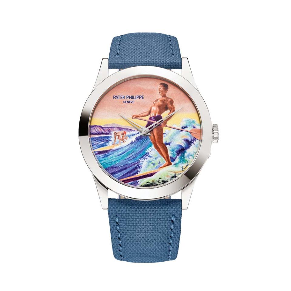 Limited to 10 pieces, the Rare Handcrafts collection’s Morning on the Beach highlights a marquetry dial in a white gold case; price upon request, at Patek Philippe, Beverly Hills