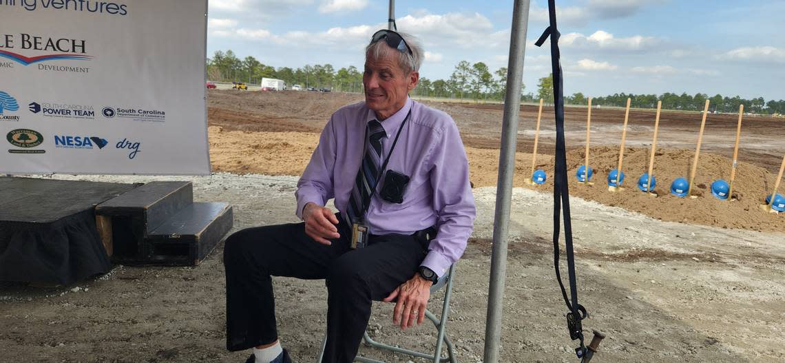 North Myrtle Beach city manager Mike Mahaney donned a body camera to a Feb. 24, 2023 groundbreaking ceremony for a new business along Water Tower Road.