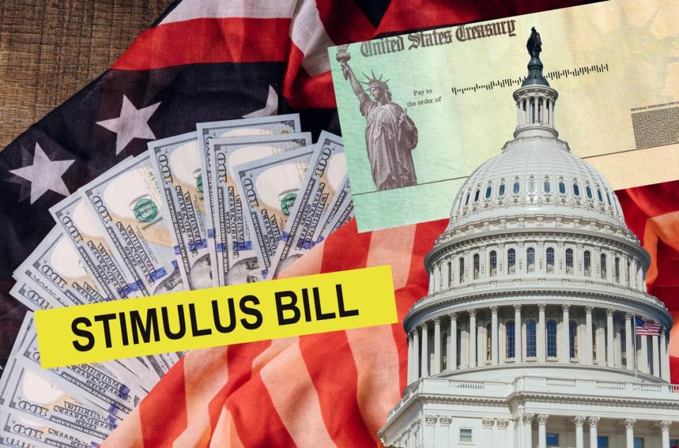 Senate stimulus deal includes individual checks virus economic stimulus plan USA dollar cash banknote on American flag Global pandemic Covid 19 lockdown