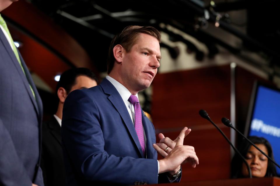 Rep. Eric Swalwell, D-Calif., speaks during a news conference on Capitol Hill on May 17, 2017.