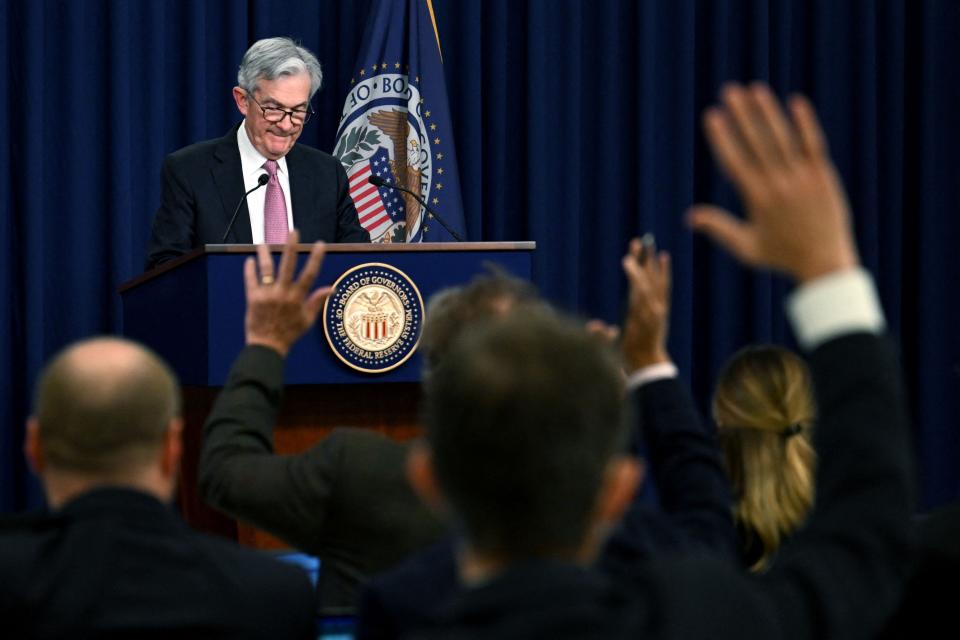 Federal Reserve Chair Jerome Powell takes questions during a news conference in Washington, D.C.