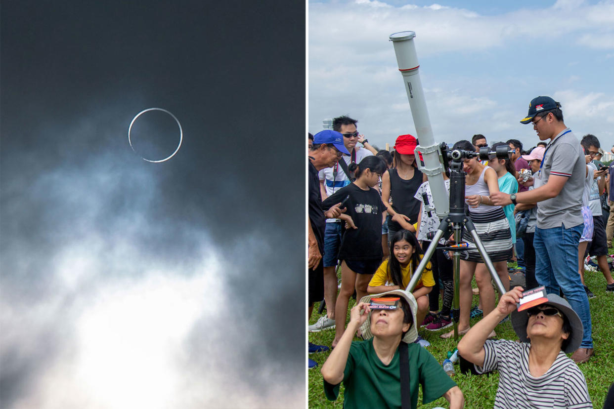 Thousand gathered, from casual onlookers to serious hobbyists armed with telescopes, for a glimpse of a rare Annular solar eclipse in Singapore. PHOTO: Dhany Osman/Yahoo News Singapore 