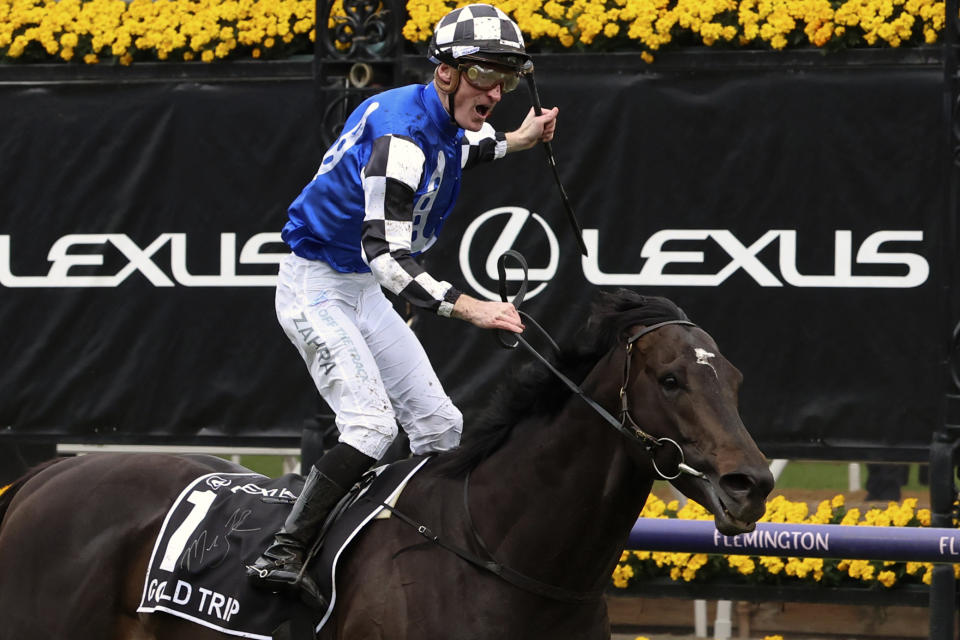 Gold Trip ridden by Mark Zahra wins the Melbourne Cup horse race in Melbourne, Australia, Tuesday, Nov. 1, 2022. (AP Photo/Asanka Brendon Ratnayake)