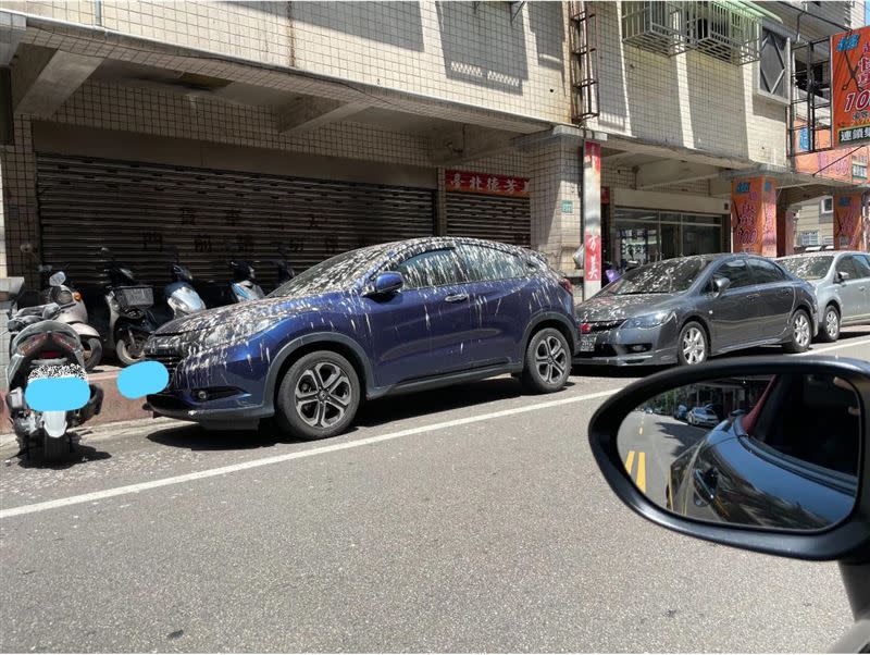 整車無一處倖免，讓網友全傻眼，笑稱鳥兒可能「集體食物中毒」。（圖／翻攝自爆廢公社公開版）