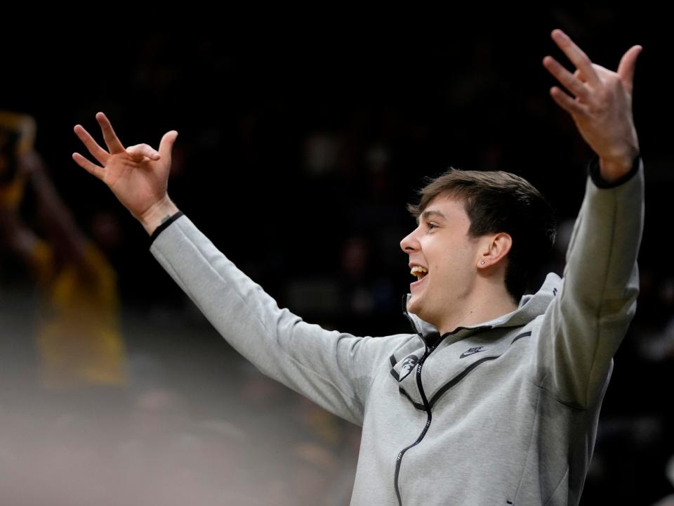 Patrick McCaffery celebrates a made shot during the Hawkeyes' upset of the No. 15 Indiana Hoosiers.