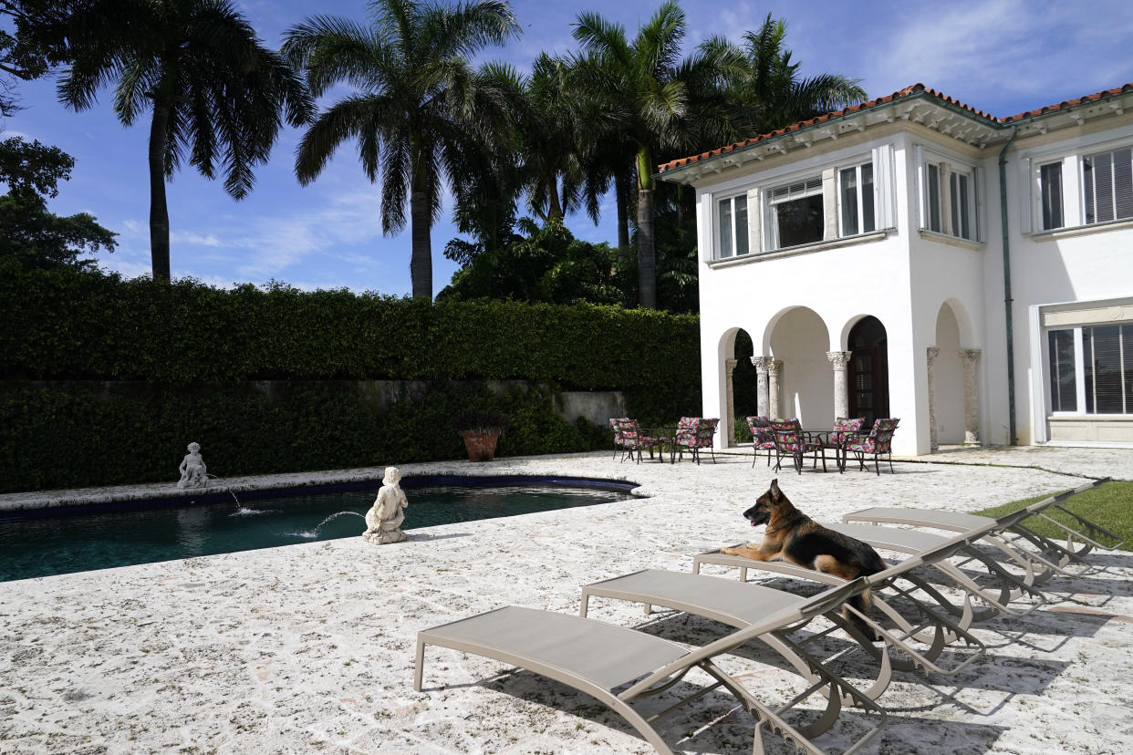 CORRECTS THAT THE DOG DID NOT INHERIT THE HOUSE, BUT IS BEING USED IN A PUBLICITY STUNT TO PROMOTE ITS SALE - German Shepherd Gunther VI sits by the pool at a house formally owned by pop star Madonna, Monday, Nov. 15, 2021, in Miami. The house, currently owned by the Gunther Corp., is up for sale again and the dog is being used in a publicity stunt to help promote the sale. Part of the stunt is a claim that the dog inherited a fortune, including the home, however the dog’s role appears to be little more than a joke.  (AP Photo/Lynne Sladky)