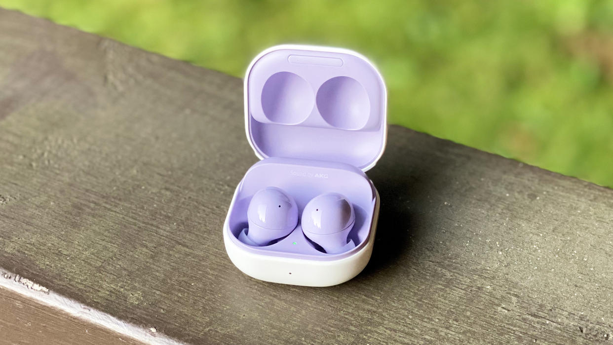  Samsung Galaxy Buds 2 inside their case. 