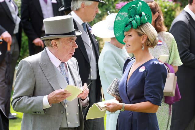 <p>Chris Jackson/Getty Images</p> Andrew Lloyd Webber and Zara Tindall attend day two of Royal Ascot 2023