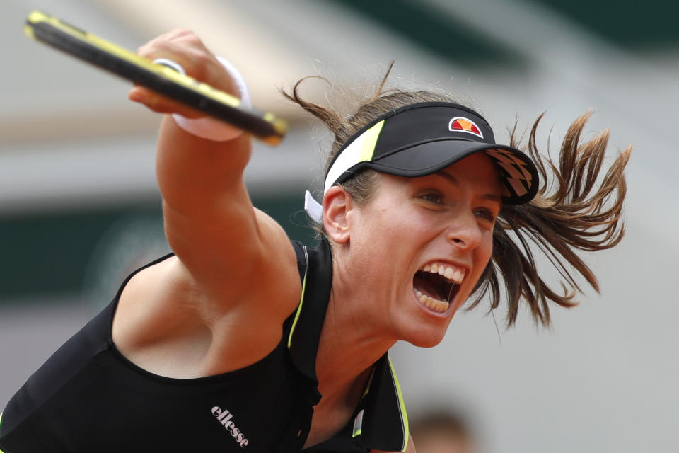 Britain's Johanna Konta plays a shot against Sloane Stephens of the U.S. during their quarterfinal match of the French Open tennis tournament at the Roland Garros stadium in Paris, Tuesday, June 4, 2019. (AP Photo/Pavel Golovkin)