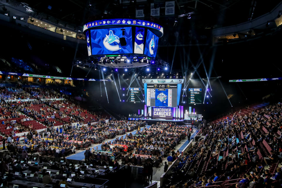 VANCOUVER, BC - JUNE 22: A general view of the draft floor prior to the Vancouver Canucks pick during the second round of the 2019 NHL Draft at Rogers Arena on June 22, 2019 in Vancouver, British Columbia, Canada. (Photo by Jonathan Kozub/NHLI via Getty Images) 