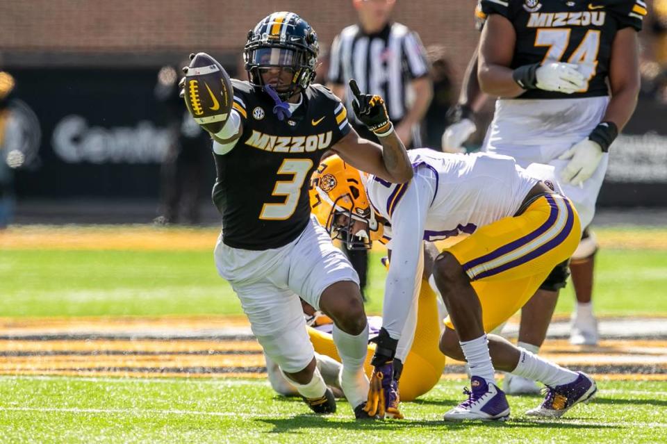 Missouri star wide receiver Luther Burden III (3) signaled for a first down after making a play against LSU last week. Mizzou fell to the visiting Tigers 49-39.