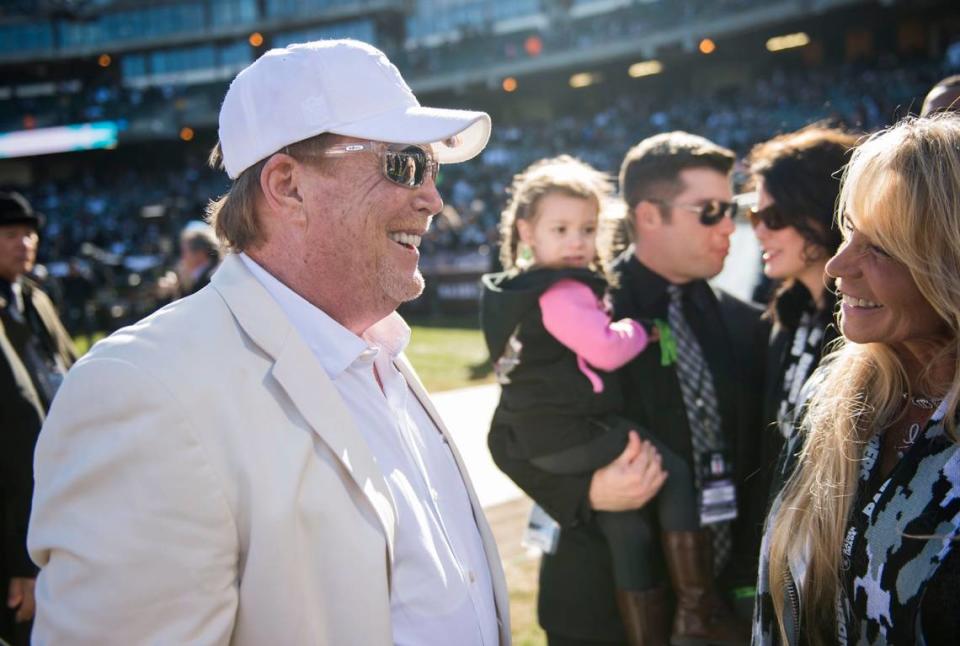 Oakland Raiders owner Mark Davis visits with fans before his team’s game against the Indianapolis Colts at the Oakland/Alameda County Coliseum, in Oakland, Calif. on Saturday, Dec. 24, 2016.