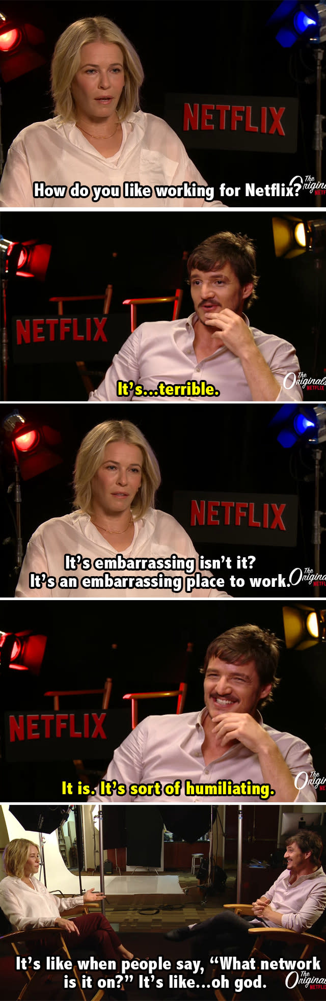 both actors saying it's embarrassing to work at Netflix and laughing