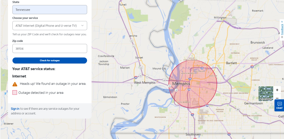 AT&T outage map shows detected outages in the Memphis area.