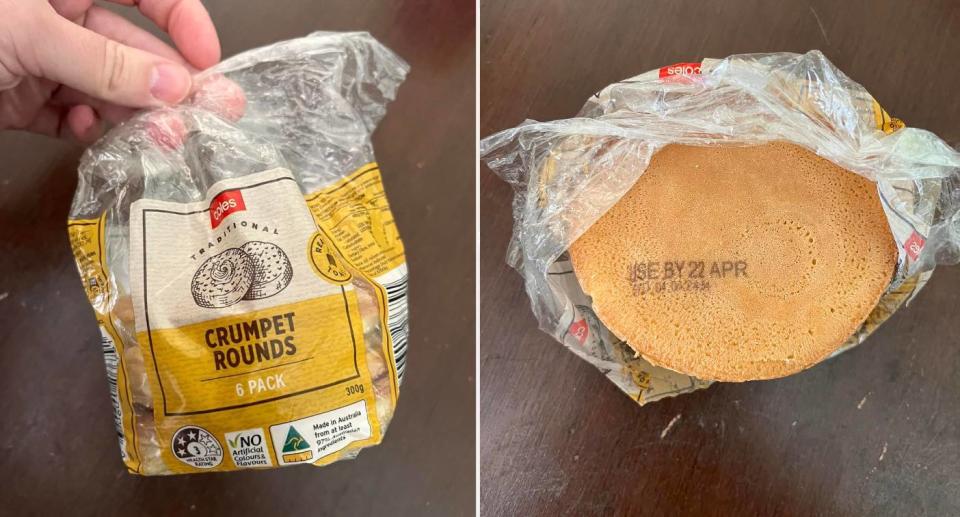 Pack of crumpets from Coles. One of them has been stamped with the use-by date directly on the food.Source: Facebook/Elisha Bannerman