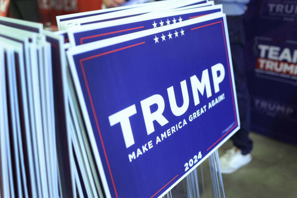 Donald Trump yard signs photographed on August 6, 2023, in Cedar Rapids, Iowa. (Photo by Scott Olson/Getty Images)
