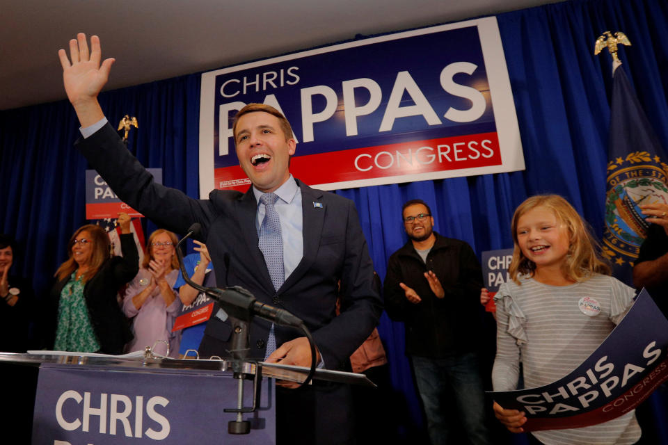 Democratic candidate for the U.S. House of Representatives Pappas takes the stage at his primary election rally in Manchester