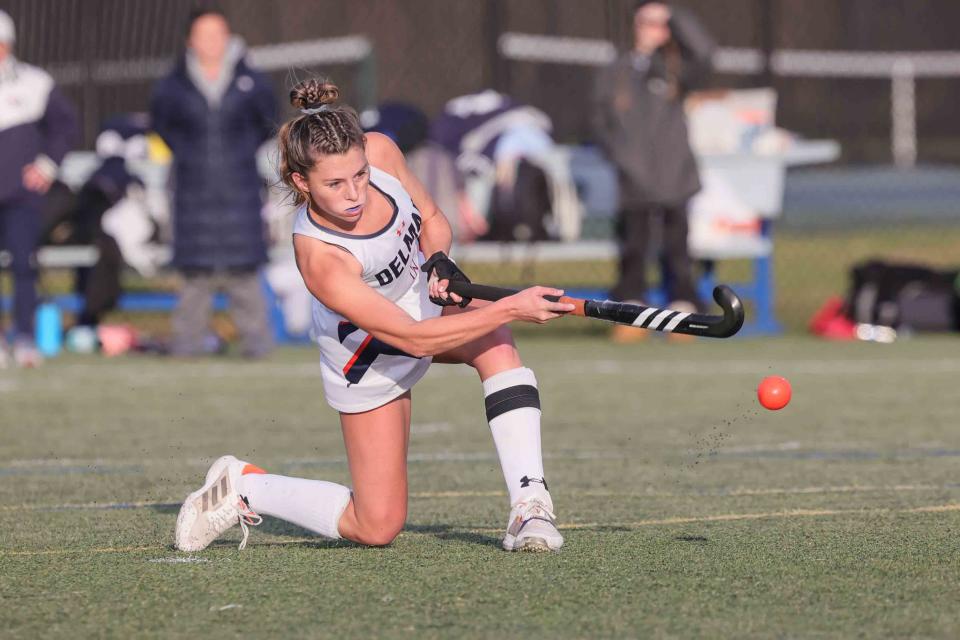 Delmar attacker Maci Bradford (4) attempts a penalty shot during the Division II title game between Delmar and Newark Charter Saturday at Dover High School.