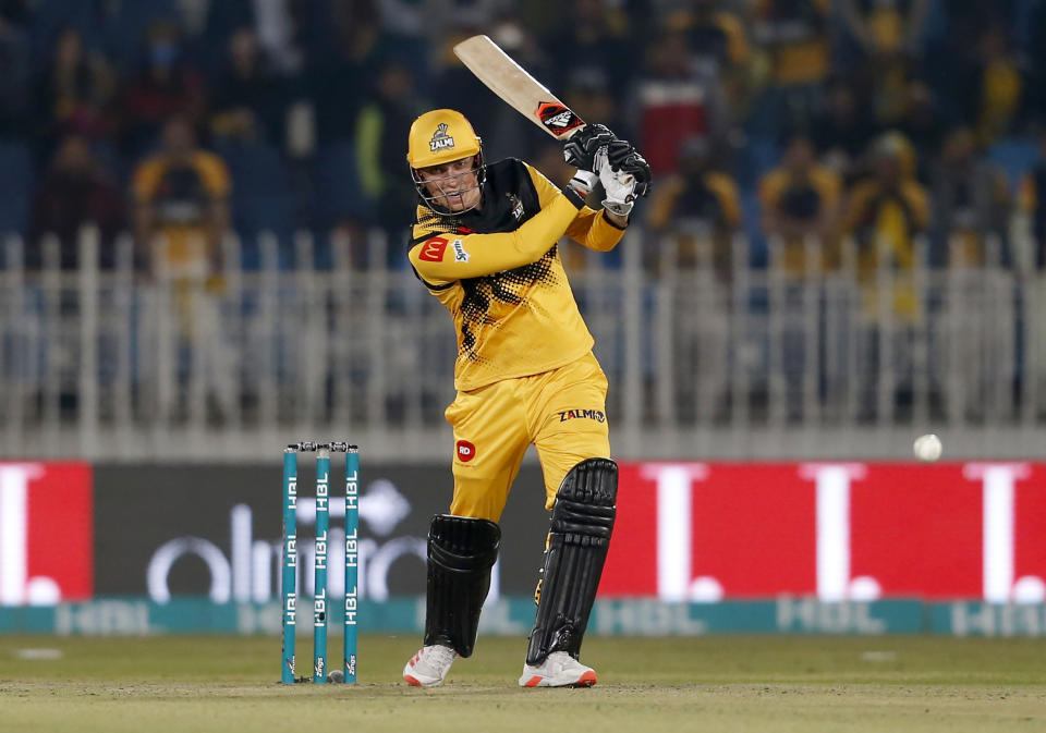 Peshawar Zalmi batsman Tom Banton plays a shot during the Pakistan Super League T20 cricket match against Lahore Qalandars at Rawalpindi stadium in Rawalpindi, Pakistan, Friday, Feb. 28, 2020. (AP Photo/Anjum Naveed)