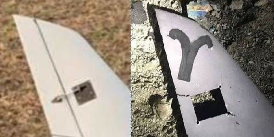 A fragment of a photo of a Chinese SkyEye drone (left) and the wreckage of a drone believed to have crashed on March 20 in Dzhankoi (right)