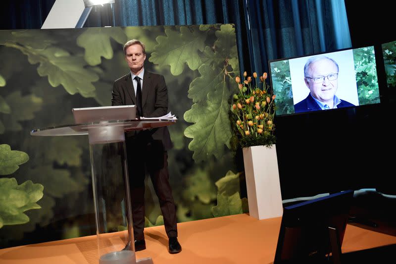 Jens Henriksson, CEO of Swedbank, comments on the final report on Swedbank's money laundering during a news conference at the bank's head office in Sundbyberg