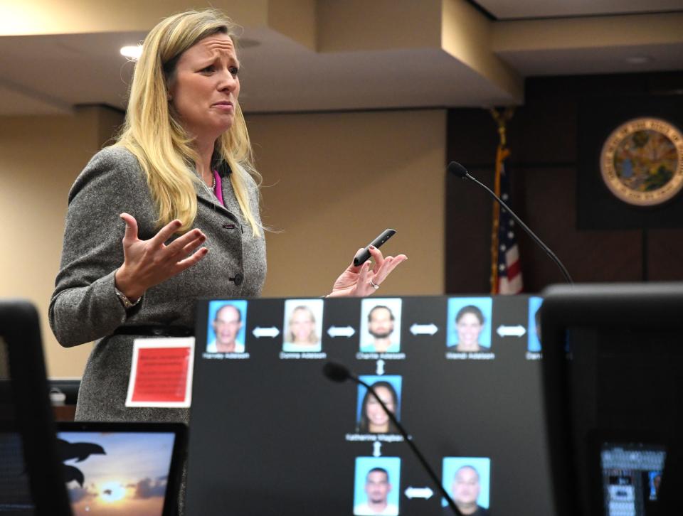 Assistant State Attorney Georgia Cappleman presents her closing argument to the jurors Thursday, Oct. 10, 2019. Cappleman displays a graphic showing the connection of the defendants to the Adelson family and Dan Markel. 