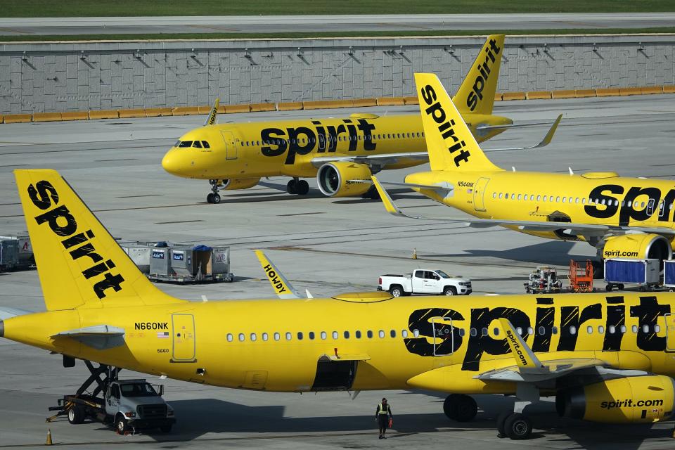 Spirit Airlines jetliners on the tarmac at Fort Lauderdale Hollywood International Airport.
