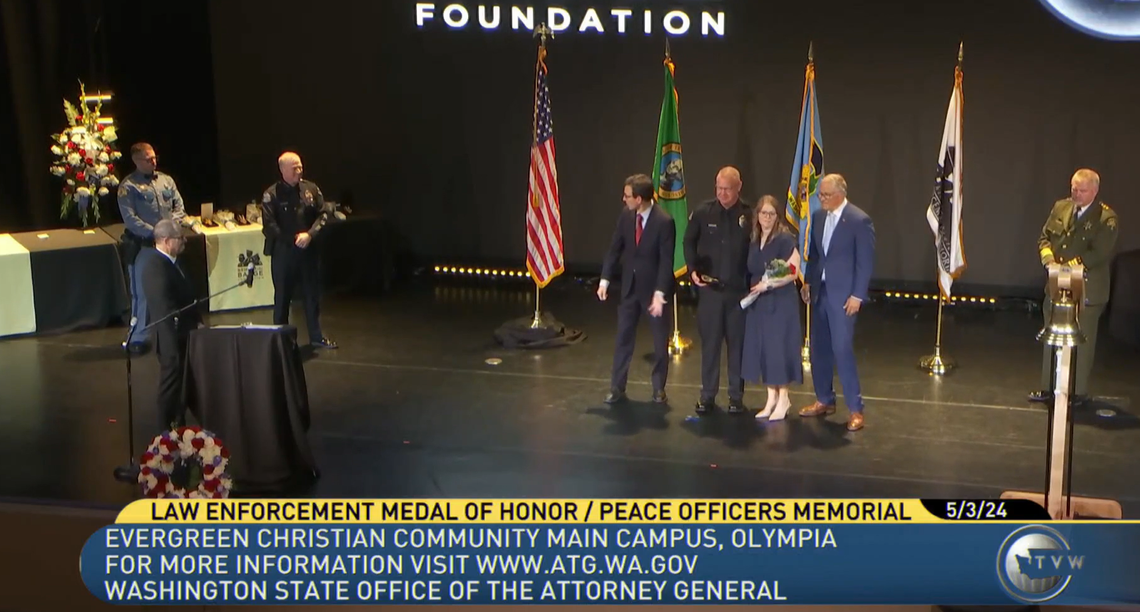 Pasco Officer Phil Hanks receives the Law Enforcement Medal of Honor, Washington state’s highest award for police.. Courtesy TVW