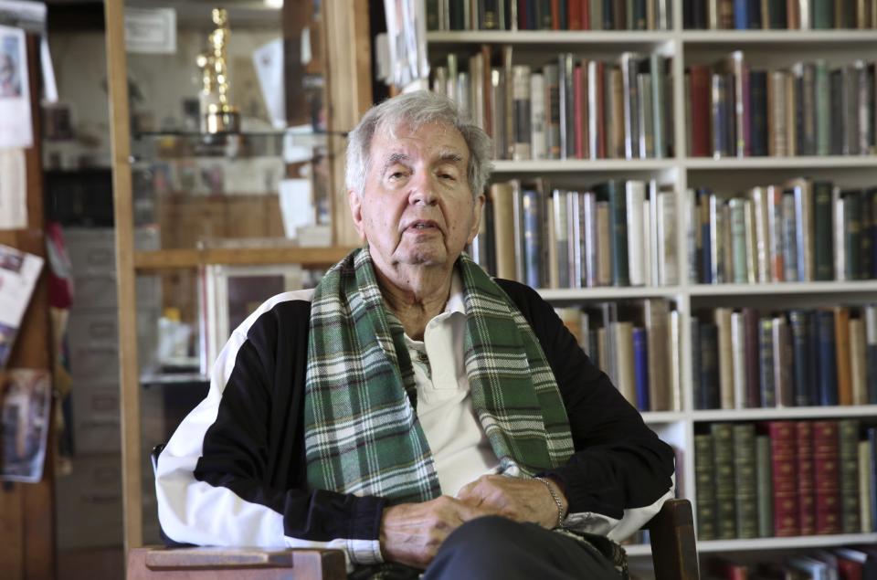 This April 30, 2014 photo shows Pulitzer Prize-winning author Larry McMurtry at his book store in Archer City, Texas. The author of almost 50 books including novels, biographies and essay collections who has had simultaneous careers as a screenwriter and bookseller, has a new novel out Wednesday, May 7, called "The Last Kind Words Saloon." (AP Photo/LM Otero)