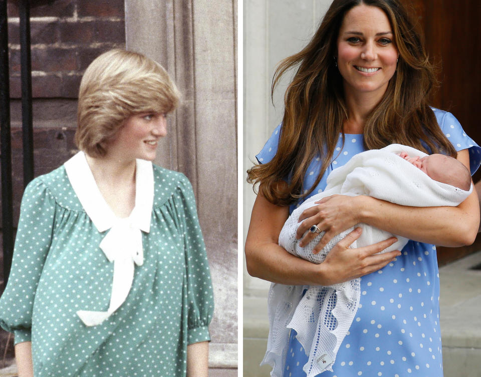 Prinzessin Diana 1982 mit dem neugeborenen Prinzen William. Rechts daneben Herzogin Kate 2013 in einem hellblauen Polka-Dot-Kleid und ihrem Baby, Prinz George. (Bild: AP Photo/Kirsty Wigglesworth, AP Photo/Staff/Redman)