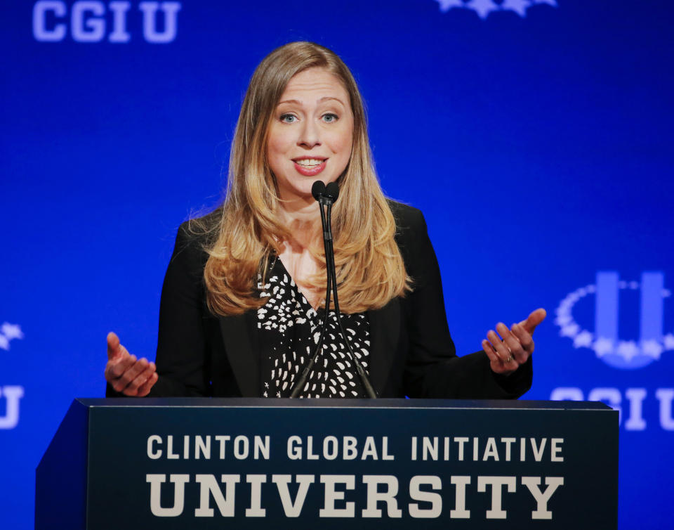 FILE - In this March 2, 2014 file photo, Chelsea Clinton, vice chair of the Clinton Foundation, speaks during a student conference for the Clinton Global Initiative University at Arizona State University in Tempe, Ariz. Clinton says she's happy right now with her elected representatives and has no desire to go after their jobs. Although she has denied any interest in elected office in the past, she left open the possibility of a run should she become dissatisfied with the office holders who represent her. (AP Photo/Matt York, File)