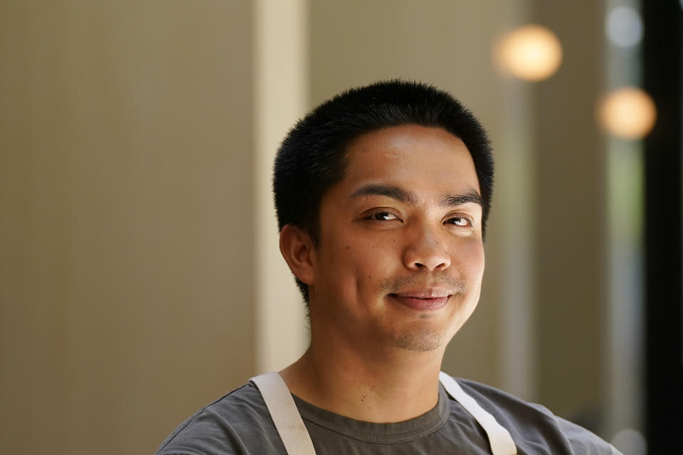 Pastry chef Vince Bugtong poses for photos at Abaca restaurant in San Francisco, Monday, May 15, 2023. Three Filipino restaurants in three different areas of the U.S. will be representing at this year's James Beard Awards, the culinary world's equivalent of the Oscars. The awards ceremony is next week in Chicago. (AP Photo/Jeff Chiu)