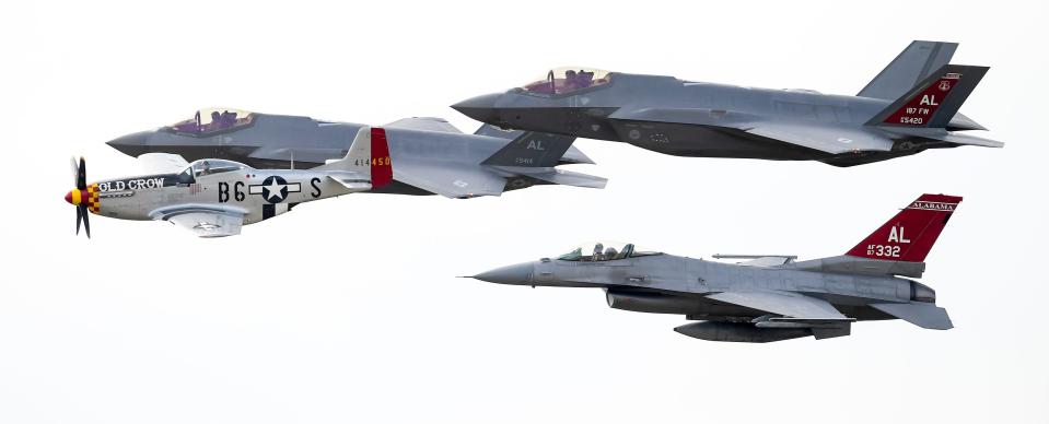 A P-51, two F-35’s and an F-16 perform a flyover together during the F-35A Lightning II Aircraft Arrival ceremony at the 187th Fighter Wing at Dannelly Field in Montgomery, Ala., on Friday morning February 9, 2024.