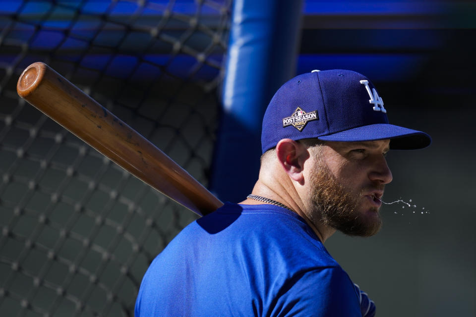 Los Angeles Dodgers' Max Muncy participates in batting practice before Game 1 of a baseball NL Division Series game against the Arizona Diamondbacks in Los Angeles, Saturday, Oct. 7, 2023. (AP Photo/Ashley Landis)